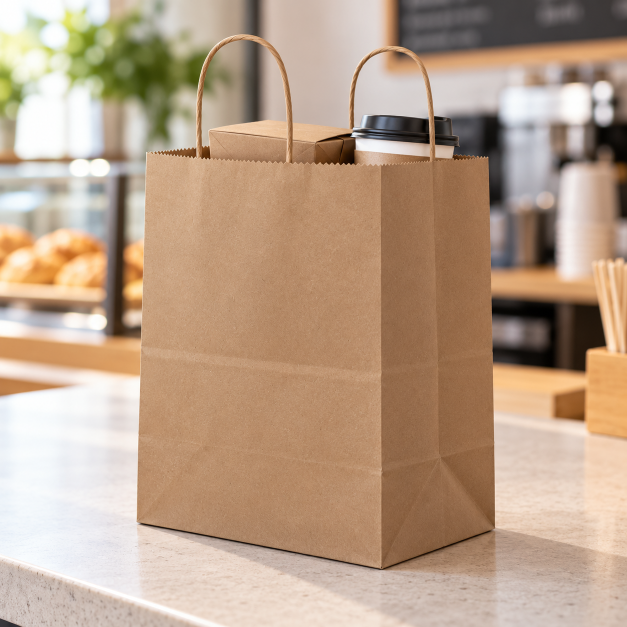 kraft takeaway bag on a cafe counter 5 kraft takeaway bag on a cafe counter 5