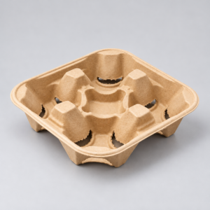 tan molded bagasse four cup carrier tray 3
